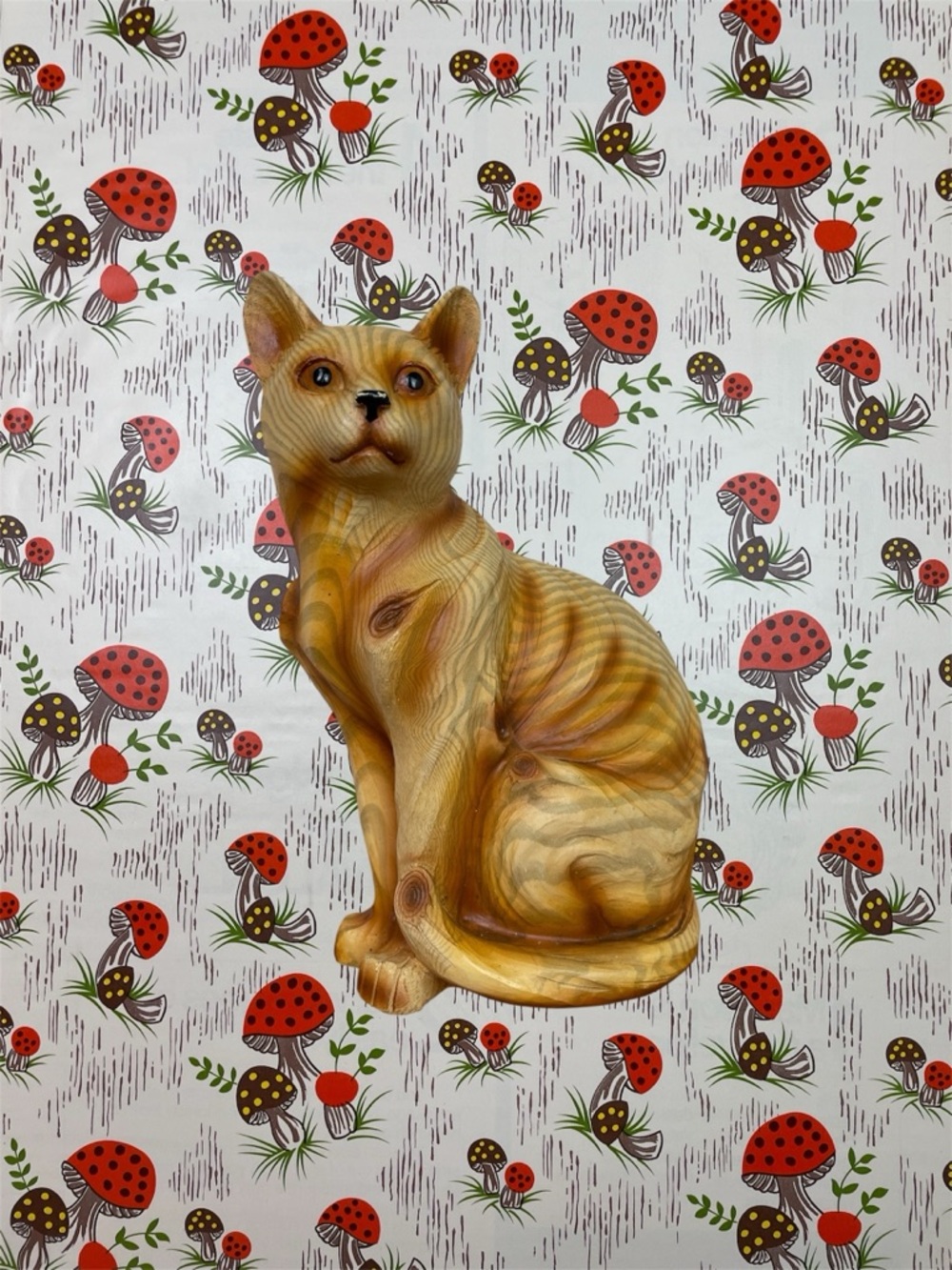 Cat Faux Wood Carving Statue